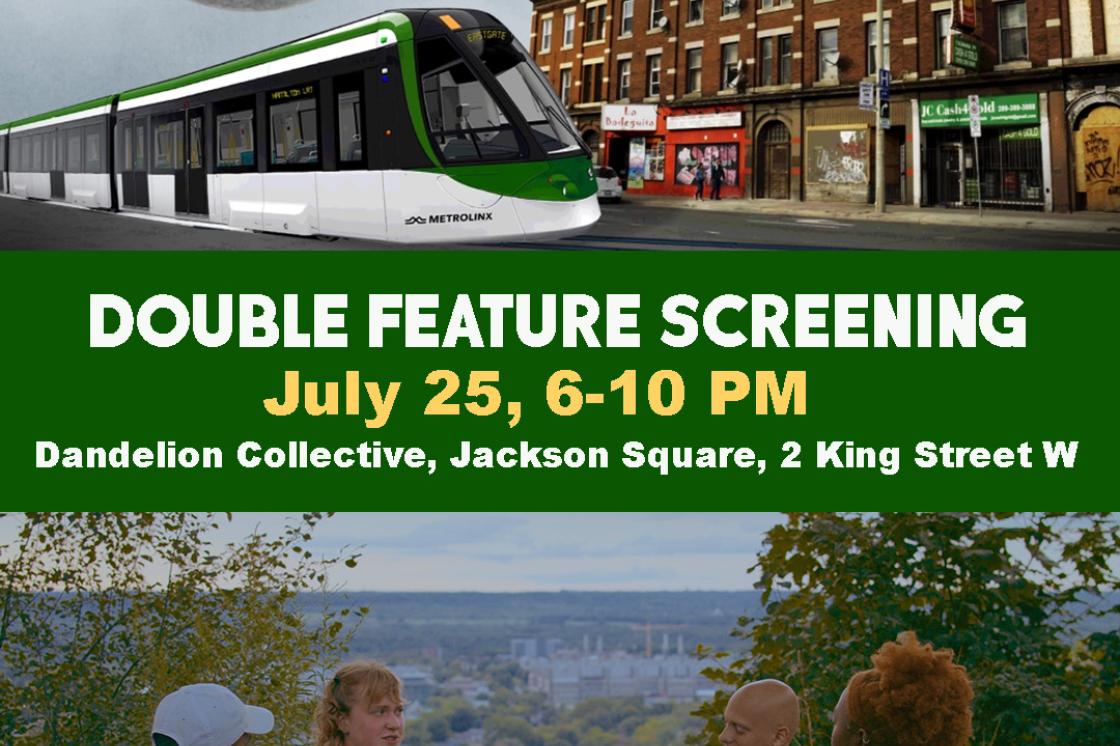 This is the poster for our Double Feature Screening featuring "Trainwreck" and "peace, love, (unicorns) & communism". The event is on July 25th from 6-10pm at Dandelion Collective in Jackson Square, 2 King Street West.