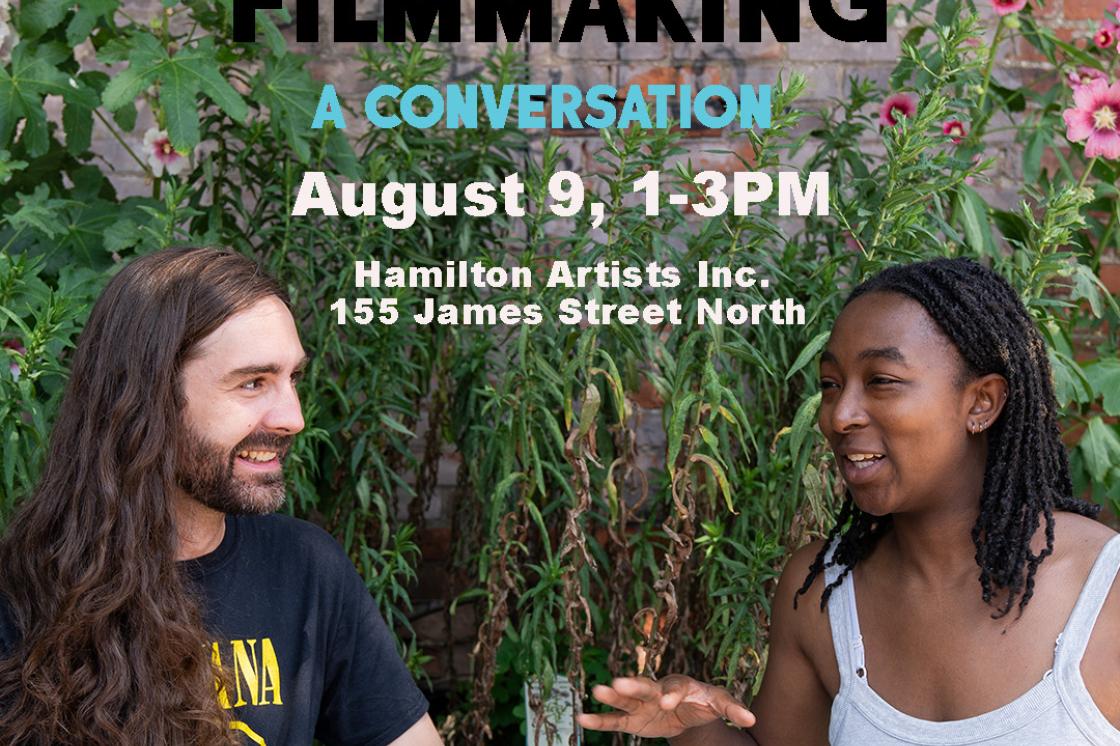 This is a poster for the Micro-Budget Documentary FIlmmaking event. It states the event is happening on Saturday, August 9th from 1-3pm at Hamilton Artists Inc and features artist and filmmaker adeola egbeyemi and Taras Hemon.