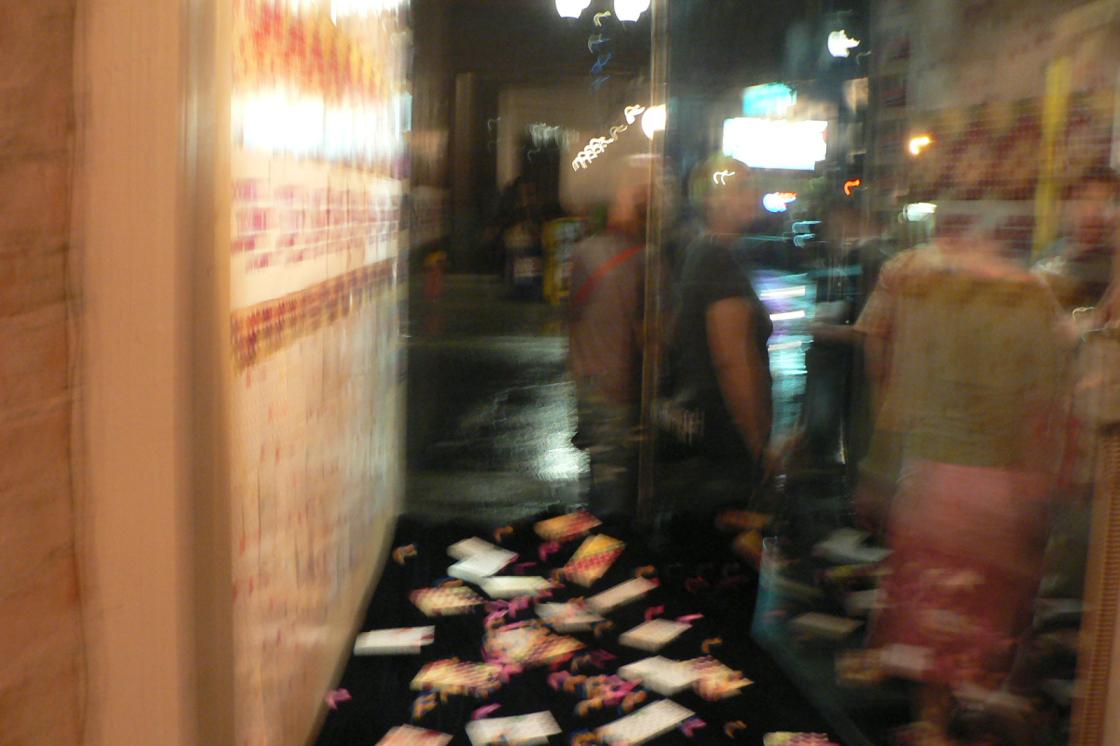 Blurry photo of snack table at night.