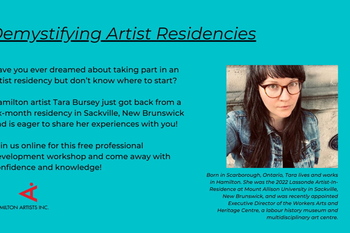 Demystifying Artist Residencies poster with a picture of the facilitator from the chest up, on a turquoise background 
