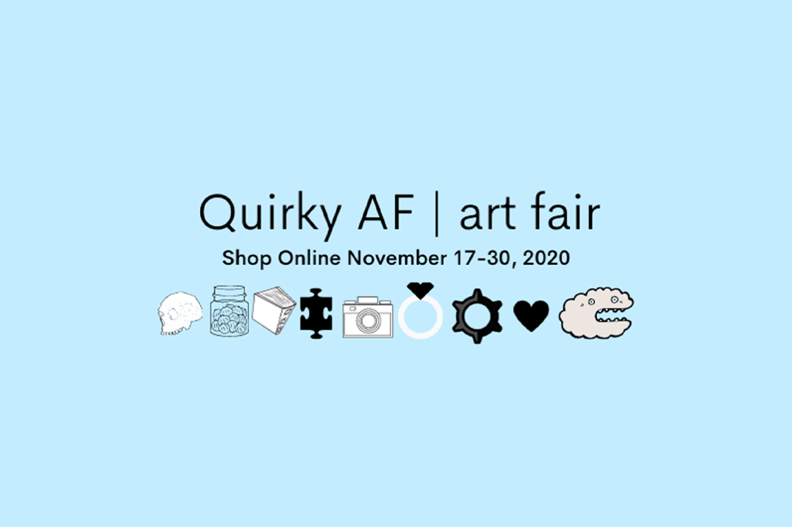 A bright light blue background with text that reads quirky AF art fair, shop online november 17-20, 2020. with small cartoonish icons in a row underneath