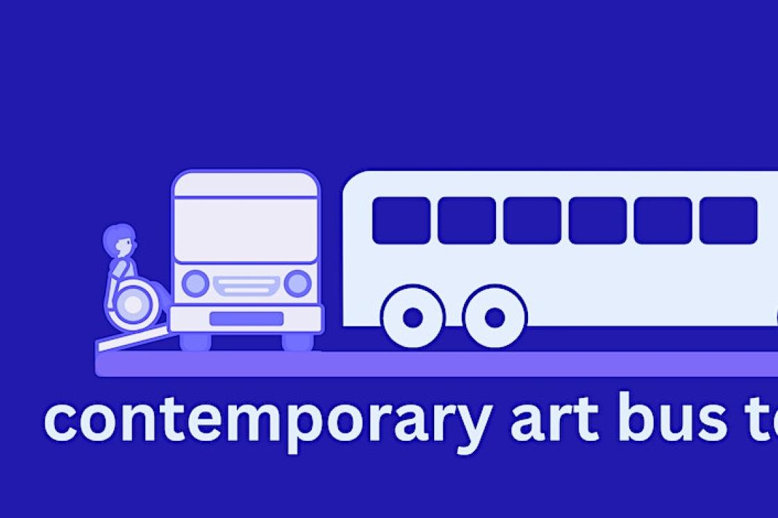 The image is a simple graphic advertising the contemporary art bus tour. The graphic features two transport buses. One bus is viewed from the front, and another bus is viewed from it's right side. The front viewed-bus is being boarded by a person in a wheelchair. Underneath the two buses is a simple line of text which reads "contemporary art bus tour". The colours for the bus and person are white and light blue and the colour of the background is a simple dark blue.