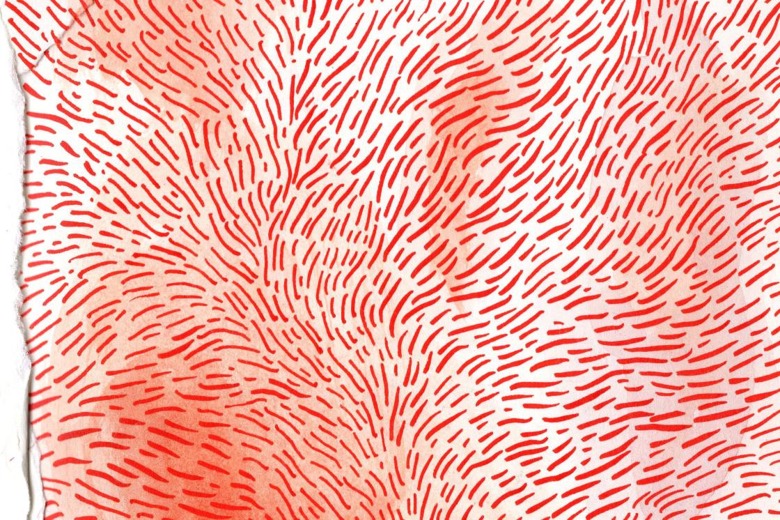 The image is a piece of illustrative artwork. The work is a drawing of red marker on white paper. The paper has frayed edges. The image consists of hundreds of red lines, arranged in a pattern not unlike hair. Short, imperfect red lines flow in a multitude of directions. Towards the top of the image, there is a clearing of red lines, big enough to fit a handwritten cursive message. The message reads "if i just hop onto any old regular train it'll get me home."
