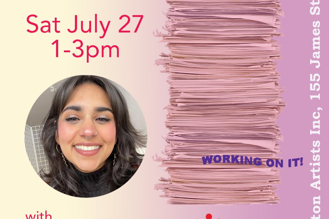 Image 1: The image is a poster for the Grant Writing 101 workshop hosted at Hamilton Artists Inc on Saturday, July 27, 1-3pm. It features a purple and yellow gradient and a photo of the facilitator, Hamilton Artists Inc programming director Sanaa Humayun.