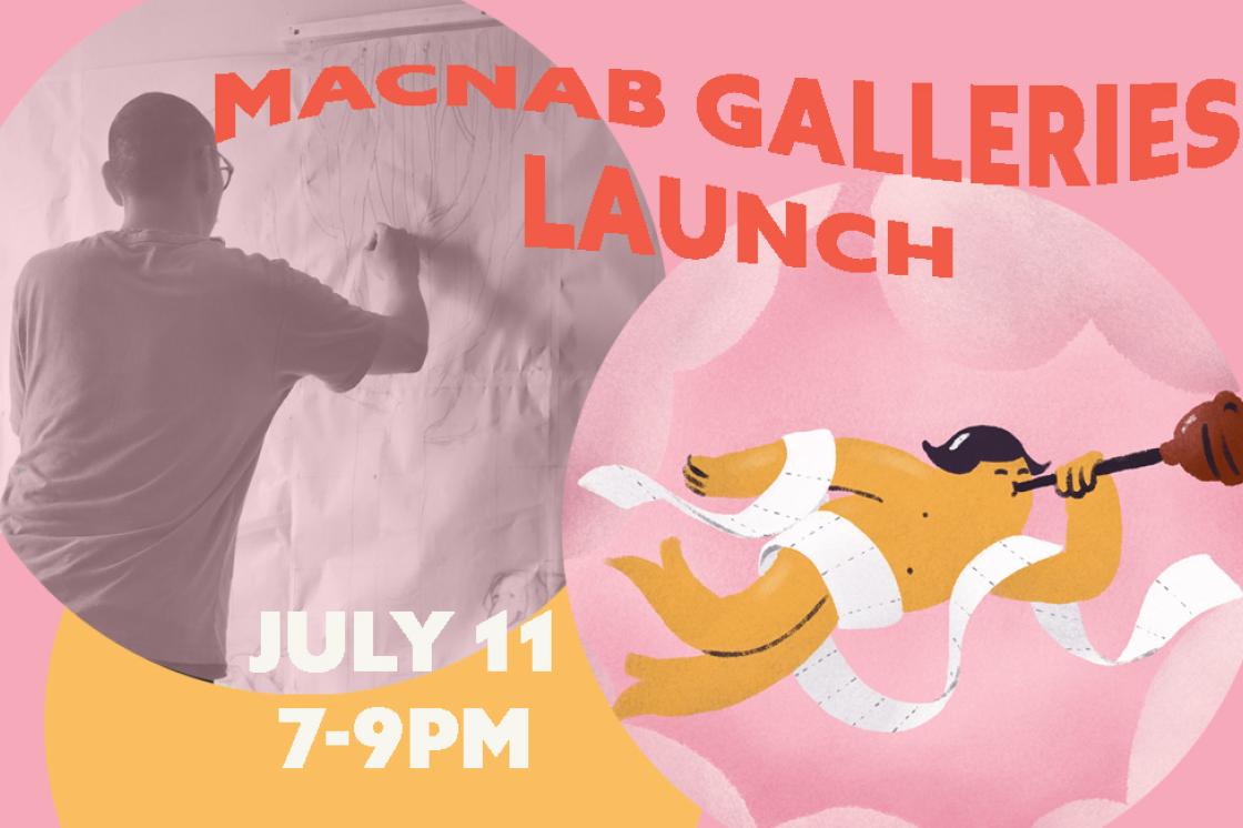This image is the website banner for our MacNab Galleries launch on July 11, 7-9pm. The poster features artwork from the mural artists including 