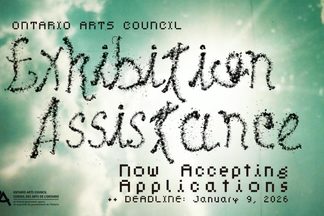 A film photograph of the sky and the sun bursting with light with a couple of clouds. The text says "Ontario Arts Council Exhibition Assistance, Now Accepting Applications. Deadline: January 9, 2026"