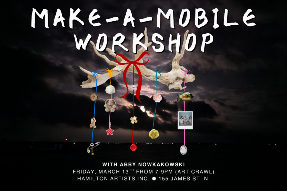 "Make-A-Mobile Workshop" in large white text with a mobile with colourful trinkets.