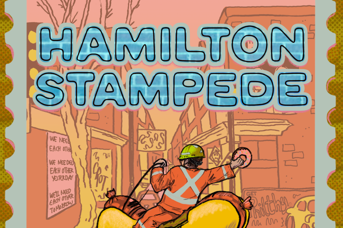 An illustrated postage stamp that reads: Hamilton Stampede, July 4th, 3-9pm, SAVE THE DATE. In the center a construction worker in hi-vis and a hard hat rides a hot dog with horse legs down the center of James Street North. A pink donut is in their right hand. To the left is the Inc's building, with a tree, garbage can and Sahra Soudi's mural "we need each other today, we needed each other yesterday, we'll need each other tomorrow." The buildings on James street converge in a central vanishing point.