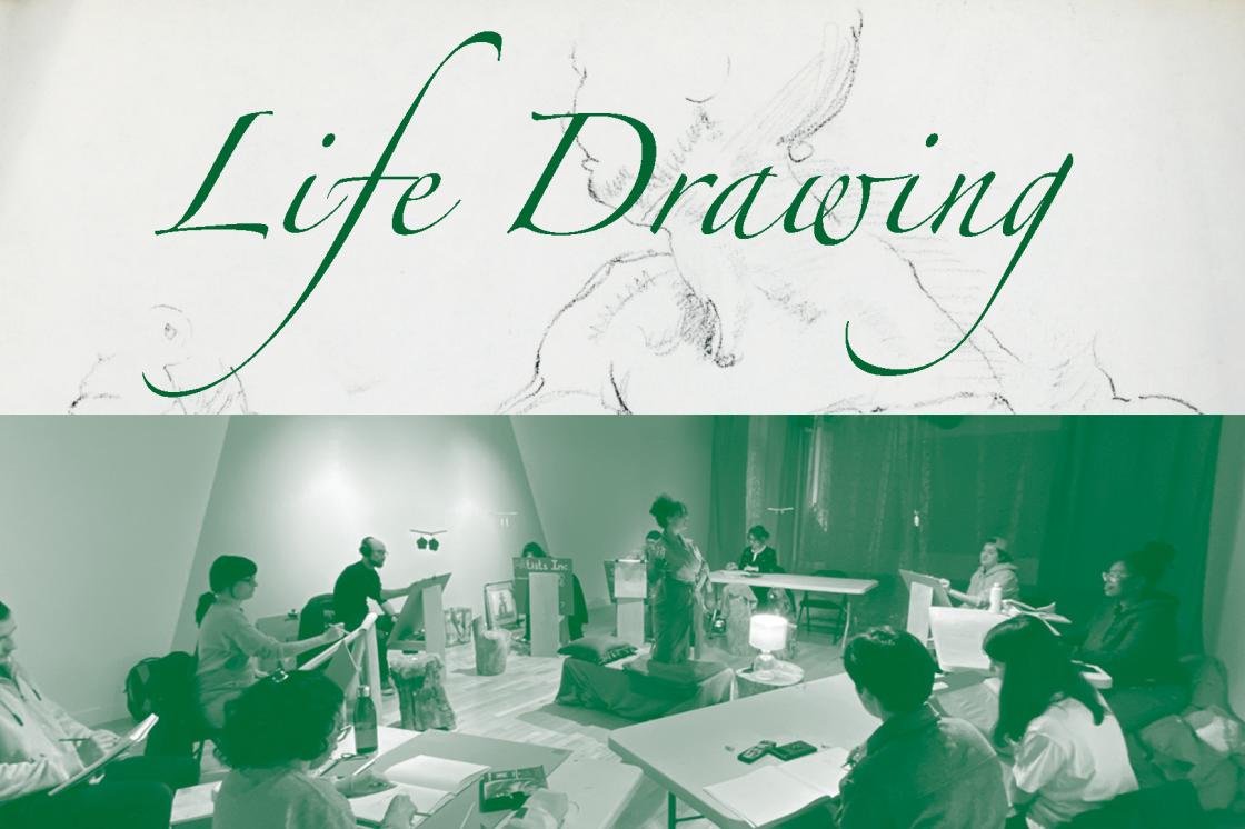 A banne that reads "Life Drawing" in italicized, green font on a white background with a portion of a drawing of a body behind it. Underneath is a photo of a group of people drawing with a model in the middle of the group. 