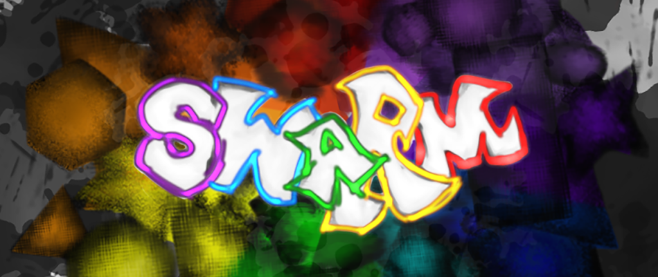 Hand drawn lettering that reads "SWARM" in all capitals, on a paint splattered background.