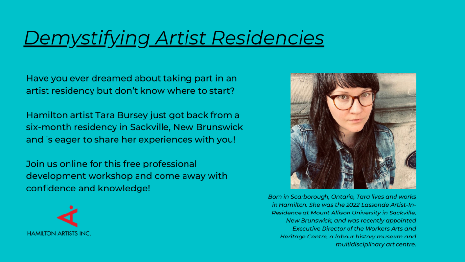 Demystifying Artist Residencies poster with a picture of the facilitator from the chest up, on a turquoise background