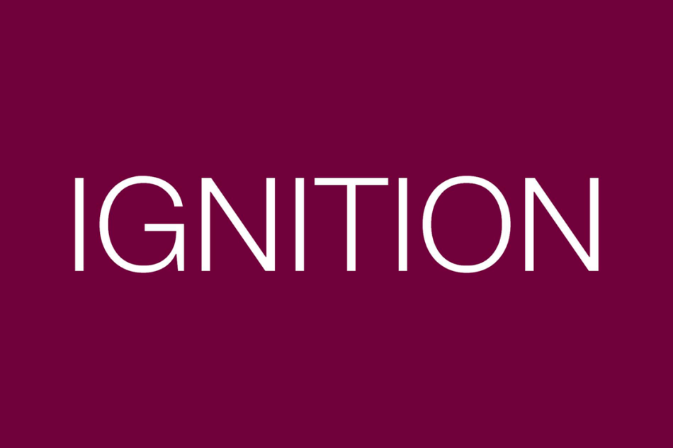 Deep purple background with white text in all capital letters that reads "Ignition"