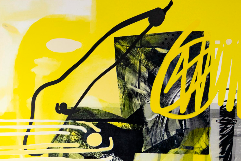 Detail view of an abstract painting with yellow and black