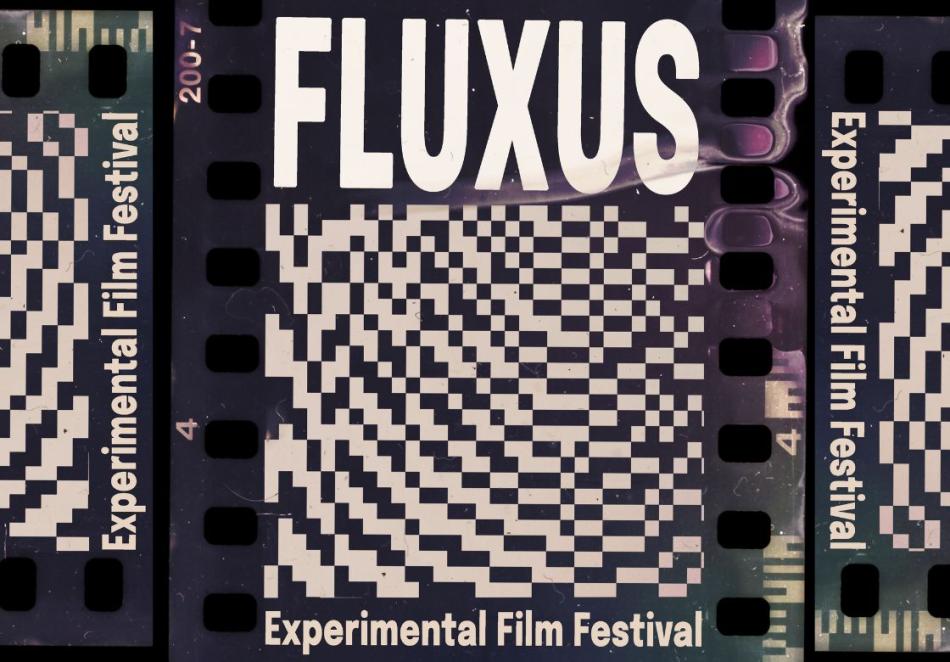 The image is a poster advertising the Fluxus Experimental FIlm Festival. The poster is made with a close scan of a piece of 35mm film. On the piece of film is white text that reads "FLUXUS". Directly below the text is an abstract wave pattern made of white and black pixels.