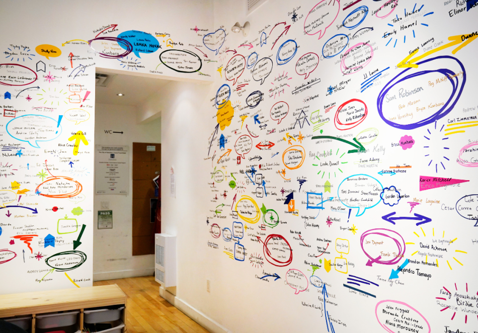 The image is a photo of the Inc. Archive Wall at Hamilton Artists Inc. The names of previous collaborators, staff, and board members of Hamilton Artists Inc are written on the wall of the hallway in different colored marker ink.