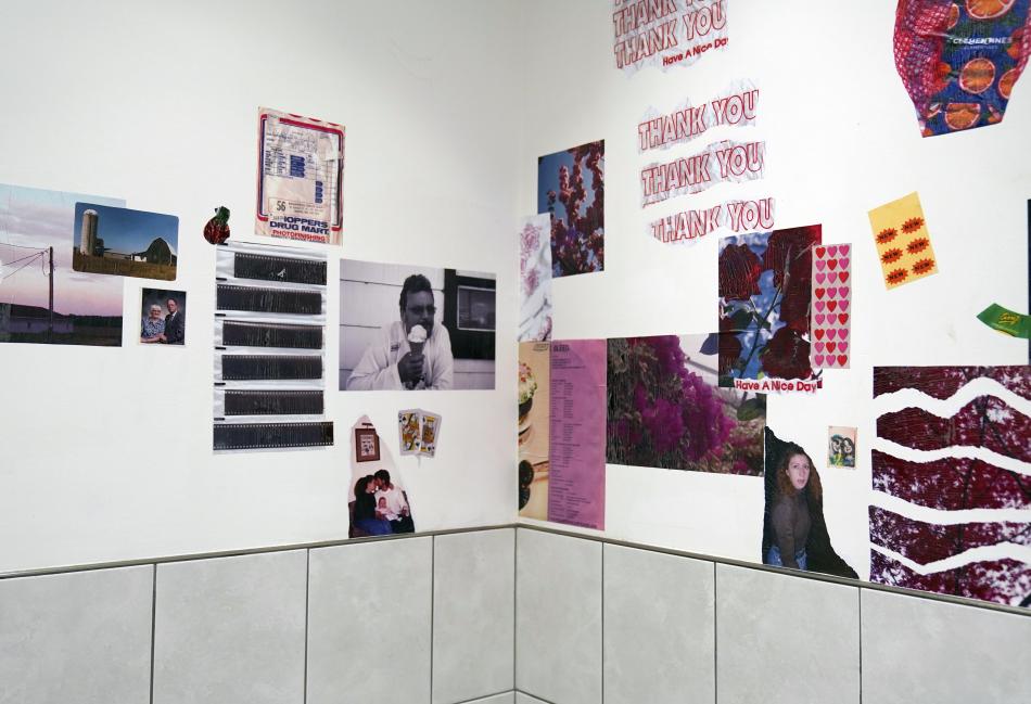The image is a photo of the installation "I literally love everything and everyone" by Lorraine Postma. The installation view is of a series of photograph prints, cards, and other ephemera, including scraps of plastic shopping bags, reciepts, and film negatives, wheatpasted onto the walls.