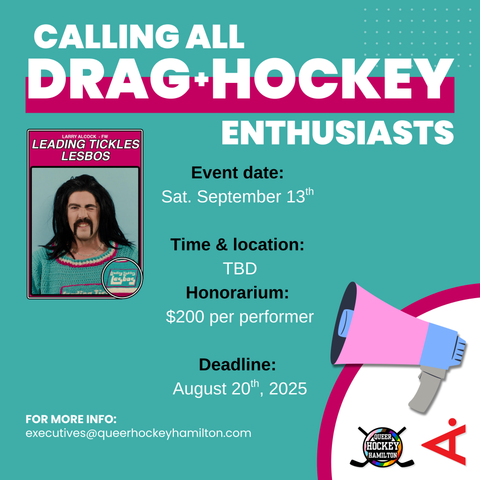 This image has all of the descriptors for the Drag & Hockey call for performers that is in the body of this page. It has a turquoise background with bold white text, and pink accents. There's a photo of one of Morneau's Queer Newfoundland Hockey League characters. 