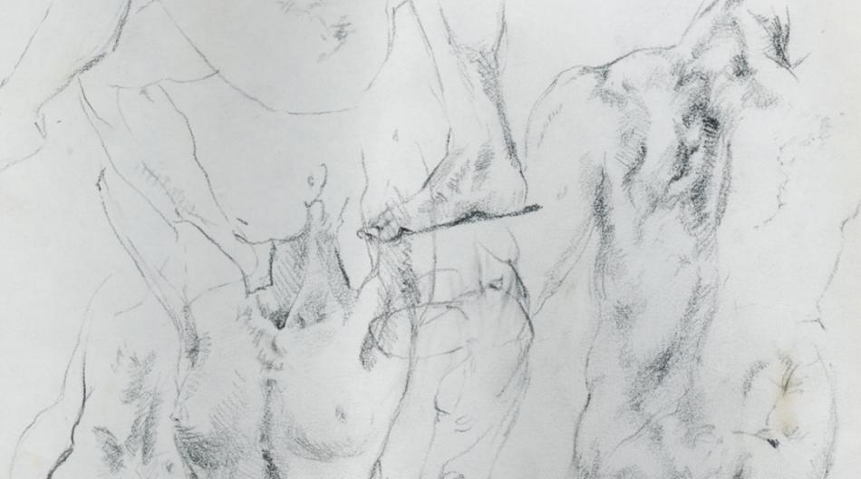Multiple pencil-drawn bodies layered over each other on white paper.