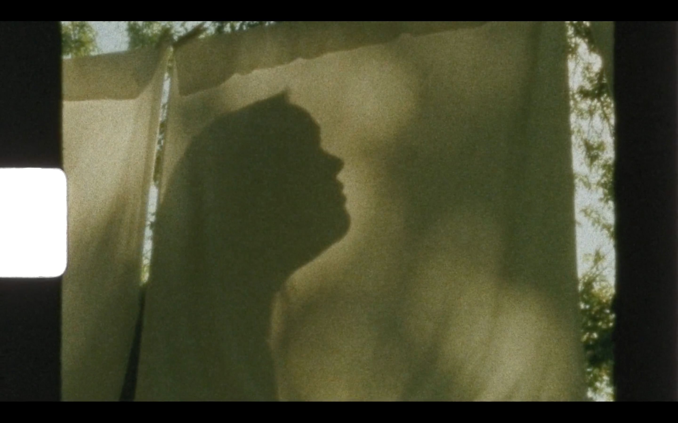 A still from the film "Laundry Day" by JJ Neepin. The still features an outdoor scene on film. The scene takes place under the leaves of a large tree. The scene is blocked by a single white blanket or sheet of fabric, which hangs alongside another on a drying line. The silhouette of a long haired figure dominates the sheet.